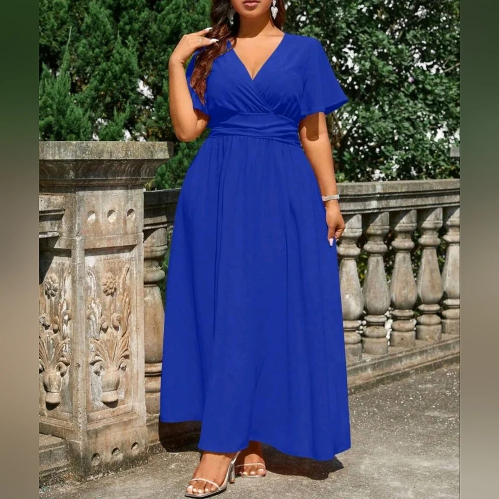 NEW Chic Ruched Waist Flutter Sleeve Maxi Dress PLUS Royal Blue